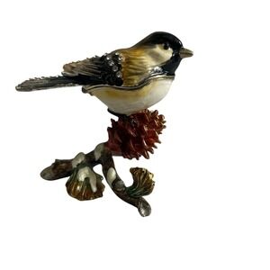 Jeweled Chickadee Bird Trinket Enamel Box Hinged Metal Figurine Pine Branch